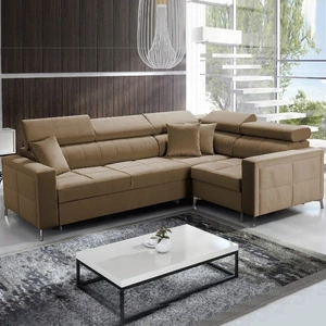 Narożnik z funkcją spania Nausa II jasny brąz prawostronny velvet dekoracyjne przeszycia na siedzisku narożnik z pojemnikiem na pościel