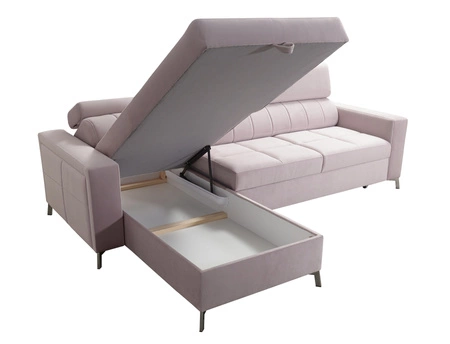 Narożnik z funkcją spania Nausa beżowy lewostronny velvet stylowy komfortowy narożnik regulowane zagłówki pojemnik na pościel