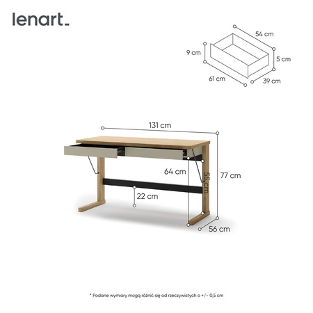 Biurko Ollie 131 cm dąb olejowany / beżowy / czarny designerskie biurko z szufladami i ergonomicznym blatem do domowego biura