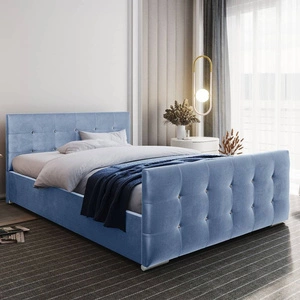 Łóżko tapicerowane Alford 160x200 błękitne z pojemnikiem w nowoczesnym skandynawskim stylu z pikowanym zagłówkiem oraz zanóżkiem wykończone kryształkami