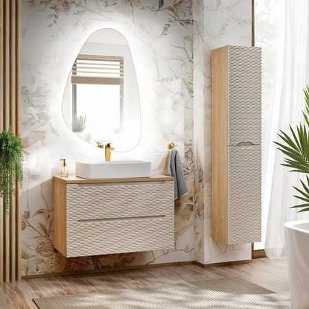 Słupek łazienkowy wiszący Ocean 35 cm dąb olejowany / beżowy nowoczesna szafka z designerskim ryflowaniem stylowe frezowane uchwyty