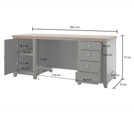 Biurko z szufladami Evora 180 cm butelkowa zieleń / dąb lefkas gustowna stylistyka zachwyci miłośników wyrazistych wnętrz do gabinetu lub biura