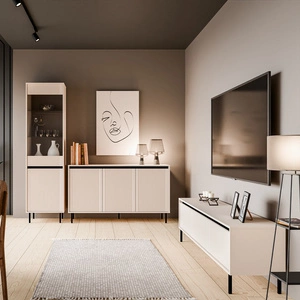 Meblościanka Osaka beżowy / czarny nowoczesny design podkreślony modną kolorystyką wysokie metalowe czarne nogi gustowny ryflowany front