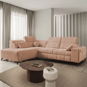 Narożnik z funkcją spania Penejos VII łososiowy lewostronny stylowy narożnik z pojemnikiem na pościel wygodne regulowane zagłówki