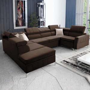 Narożnik z funkcją spania Rava V brązowy lewostronny komfortowy narożnik z pojemnikami na pościel oraz wielofunkcyjną lampką