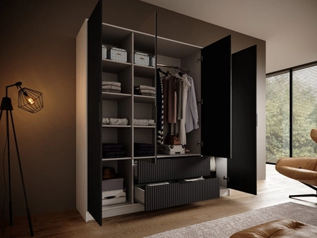 Szafa z lustrem Norel 200 cm biały / czarny stylowa szafa o nowoczesnym designie z ryflowanymi frontami i pojemnymi szufladami