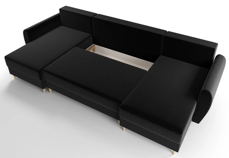 Narożnik z funkcją spania Rovigo U czarny elegancki narożnik w skandynawskiej formie z gwarancją komfortu duży pojemnik na pościel