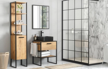 Zestaw mebli łazienkowych Brooklin dąb craft złoty stylowy zestaw z szafką pod umywalkę nablatową industrialny charakter brył