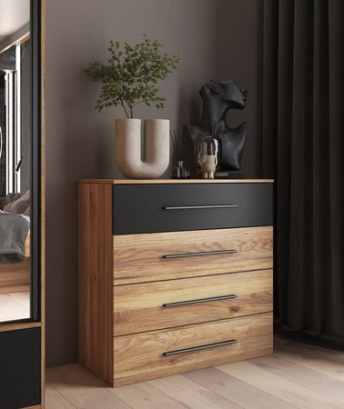 Komoda z szufladami Beta 91 cm dąb mauvella / czarny nowoczesny design mebla obrzeża komody wykończone specjalną okleiną ABS