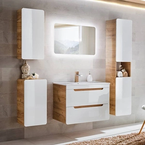 Zestaw mebli łazienkowych Aruba dąb craft złoty / biały połysk stylowe meble do łazienki o zaoblonym kształcie frezowane uchwyty