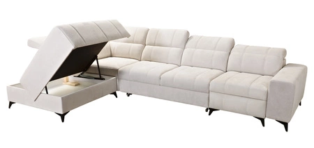 Narożnik z funkcją spania Penejos XI Lux niebieski lewostronny stylowy narożnik rozkładany z komfortowym wysuwanym podnóżkiem