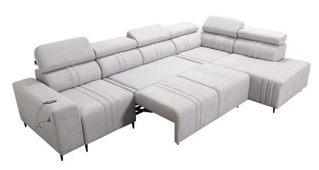 Narożnik z funkcją spania Castel XI jasny brąz prawostronny komfortowy narożnik z pojemnikiem na pościel wytrzymała tkanina