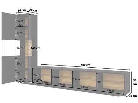 Meblościanka Ava czarna / dąb wotan z możliwością powieszenia nowoczesny design szkło hartowane