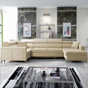 Narożnik z funkcją spania Nausa V beżowy prawostronny elegancki narożnik do salonu wykonany z miękkiej tkaniny typu velvet