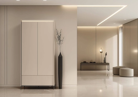 Szafa Trend 101 cm beżowa nowoczesna szafa do przedpokoju z pojemną szufladą wzbogacona o oświetlenie system otwierania push to open