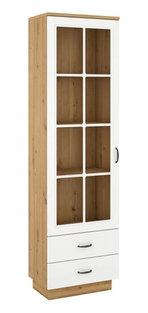 Witryna Scandi 60 cm dąb artisan / biały klasyczny design bezpieczne szkło hartowane witryna do salonu z szufladami