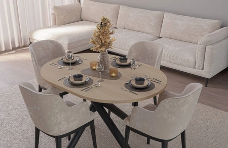 Stół Lyon 100x138 cm dąb lindberg / czarny stylowy stół do jadalni osadzony na designerskich nogach typu pająk regulacja wysokości