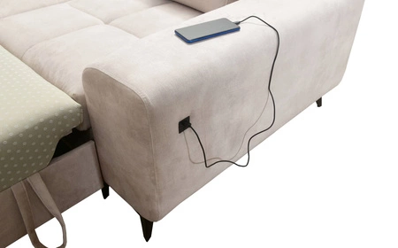 Narożnik z funkcją spania Buffalo VIII beżowy lewostronny wysokiej klasy narożnik do salonu z pojemnikami wysoka jakość wykonania