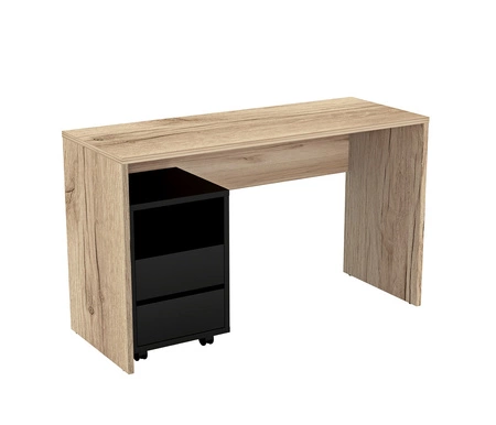 Biurko Agapi 130 cm dąb grand naturalny / czarne z szafką na kółkach stylowe oraz funkcjonalne do biura gabinetu lub pokoju młodzieżowego