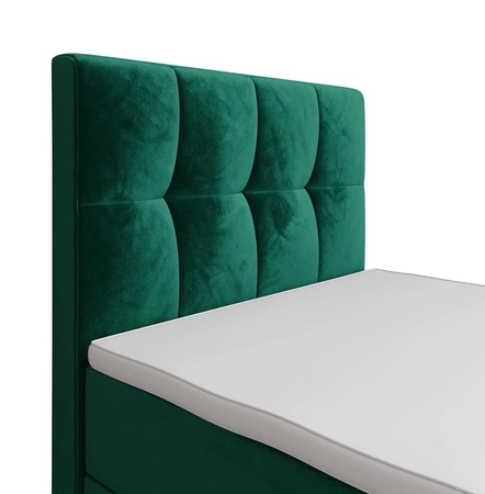 Łóżko kontynentalne Manhattan 120x200 butelkowa zieleń w nowoczesnym skandynawskim stylu z tapicerowanym zagłówkiem i zanóżkiem łóżko z pojemnikiem