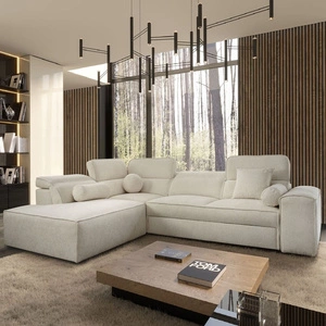 Narożnik z funkcją spania Viano VII kremowy lewostronny modny i stylowy narożnik z regulowanymi zagłówkami ozdobne poduszki