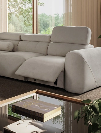 Narożnik z funkcją spania Cantare III Lux beżowy prawostronny stylowy i komfortowy narożnik do salonu z podnoszonym podnóżkiem