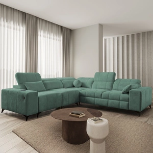 Narożnik z funkcją spania Penejos III zielony lewostronny niezwykle wygodny i komfortowy narożnik do salonu dwa pojemniki na pościel