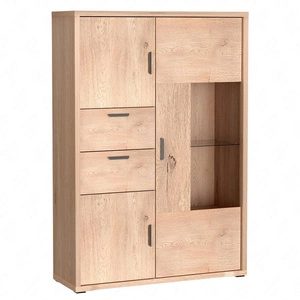 Witryna szeroka Grand 116 cm dąb cremona elegancka i funkcjonalna witryna z zaoblonymi detalami elementy z bezpiecznego szkła metalowe uchwyty