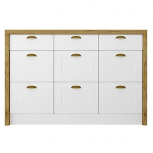 Wyspa kuchenna z szufladami Adele 127 cm dąb artisan / biały funkcjonalny i pojemny mebel kuchenny z trwałymi mosiężnymi uchwytami