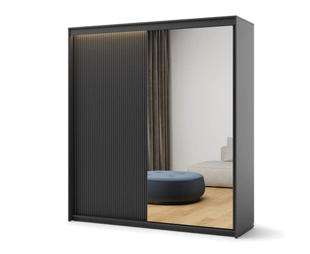 Szafa przesuwna z lustrem Trend 200 cm czarna stylowa szafa o nowoczesnym designie ryflowany front z subtelnym oświetleniem