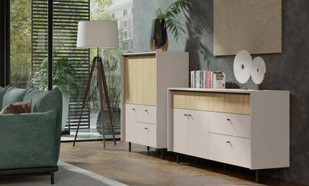 Komoda z szufladami Cappo 104 cm beż piaskowy / dąb olejowany stylowa wysoka komoda do jadalni lub salonu minimalistyczny design