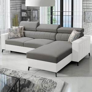 Narożnik z funkcją spania Savona szary / biały prawostronny elegancki narożnik z regulowanymi zagłówkami dekoracyjne przeszycia