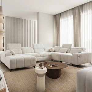 Narożnik z funkcją spania Penejos VIII kremowy lewostronny stylowy narożnik rozkładany wykonany z wytrzymałej tkaniny