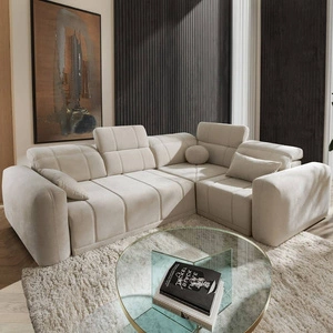 Narożnik z funkcją spania Cetara II beżowy prawostronny stylowy design przesuwane oparcia regulowane zagłówki i pojemnik na pościel