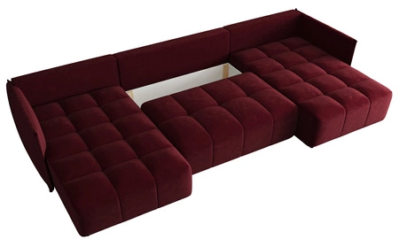 Narożnik z funkcją spania Oroso U bordowy pojemnik na pościel miękka tkanina typu velvet z powłoką hydrofobową ozdobne pikowania