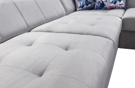 Narożnik z funkcją spania Hampton VII kwarcowy róż prawostronny narożnik do pokoju wykonany z aksamitnej tkaniny o gładkiej powierzchni