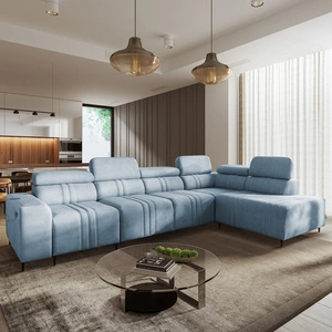 Narożnik z funkcją spania Castel XI błękitny prawostronny komfortowy narożnik z pojemnikiem na pościel wytrzymała tkanina