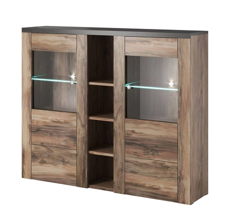 Komoda wysoka Larona 155 cm orzech satin / touchwood nowoczesny design idealna komoda do salonu sypialni lub biura prosta forma szkło hartowane