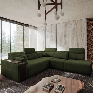 Narożnik z funkcją spania Tesalia IX zielony prawostronny nowoczesny design komfortowe przesuwane oparcie szuflada w boczku mebla