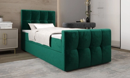 Łóżko kontynentalne Manhattan 120x200 butelkowa zieleń w nowoczesnym skandynawskim stylu z tapicerowanym zagłówkiem i zanóżkiem łóżko z pojemnikiem