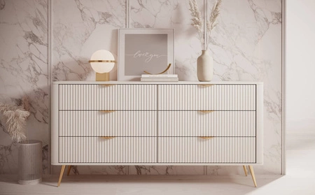 Komoda z szufladami Lante 163 cm beżowa elegancki design owalny kształt komody osadzona na wysokich nogach gustowny ryflowany front