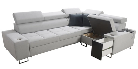 Narożnik z funkcją spania Dafni II arktyczny błękit prawostronny pleciony narożnik z pojemnikiem na pościel szuflada w boczku mebla