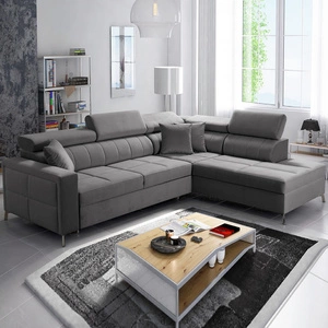 Narożnik z funkcją spania Nausa III szary prawostronny velvet stylowy komfortowy narożnik regulowane zagłówki pojemnik na pościel