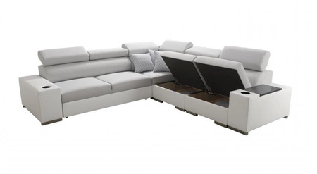 Narożnik z funkcją spania Provo III grafitowy / biały prawostronny narożnik z pojemnikiem na pościel i regulowanymi zagłówkami