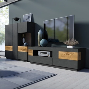 Meblościanka Silke matera / dąb wotan stylowe meble o eleganckim designie bezuchwytowe bryły meblościanka do salonu