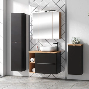 Zestaw mebli łazienkowych Capri czarny / dąb craft złoty funkcjonalne szafki łazienkowe z metalowymi uchwytami krawędziowymi
