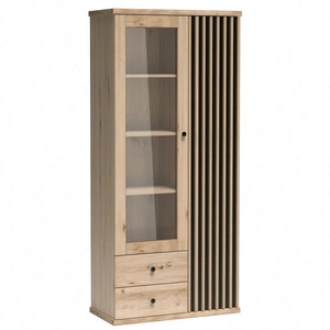 Witryna Cali 86 cm dąb artisan / czarny stylowa witryna do salonu drzwi witryny ozdobione lamelami w kolorze dębu czarne uchwyty pojemne szuflady
