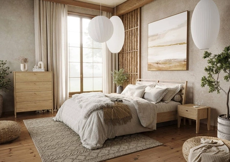 Łóżko Cozy 180x200 cm dąb olejowany wygodne łóżko do sypialni z pojemnikiem na pościel wysoki zagłówek dodaje funkcjonalności