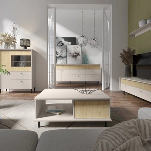 Zestaw mebli Cappo beż piaskowy / dąb olejowany nowoczesna meblościanka do salonu o gustownej kolorystyce metalowe czarne dodatki