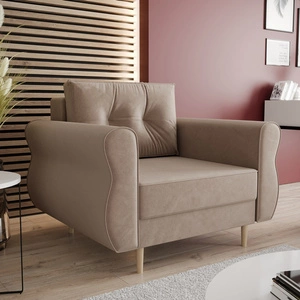 Fotel Wilkins jasny brąz elegancki fotel do salonu z obszernym i miękkim siedziskiem drewniane nóżki nadają wizualnej lekkości